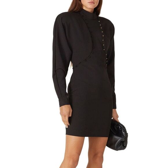 Nicole Miller Black Puff Sleeve Mock Neck Mini Button Dress 2 - Picture 1 of 6